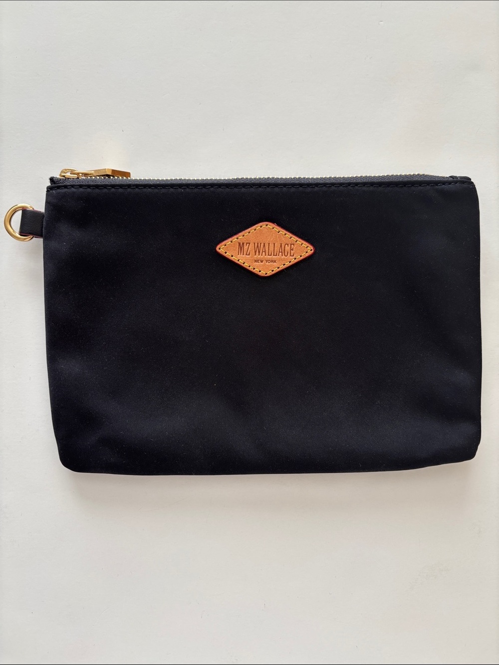 NEW NEVER USED MZ Wallace Black Pouch with Tan Leather Logo and Gold Hardware